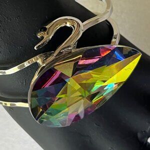 Elegant Swan Bracelet with Rainbow Teardrop Crystal Stone, Hinged Bangle, Classy